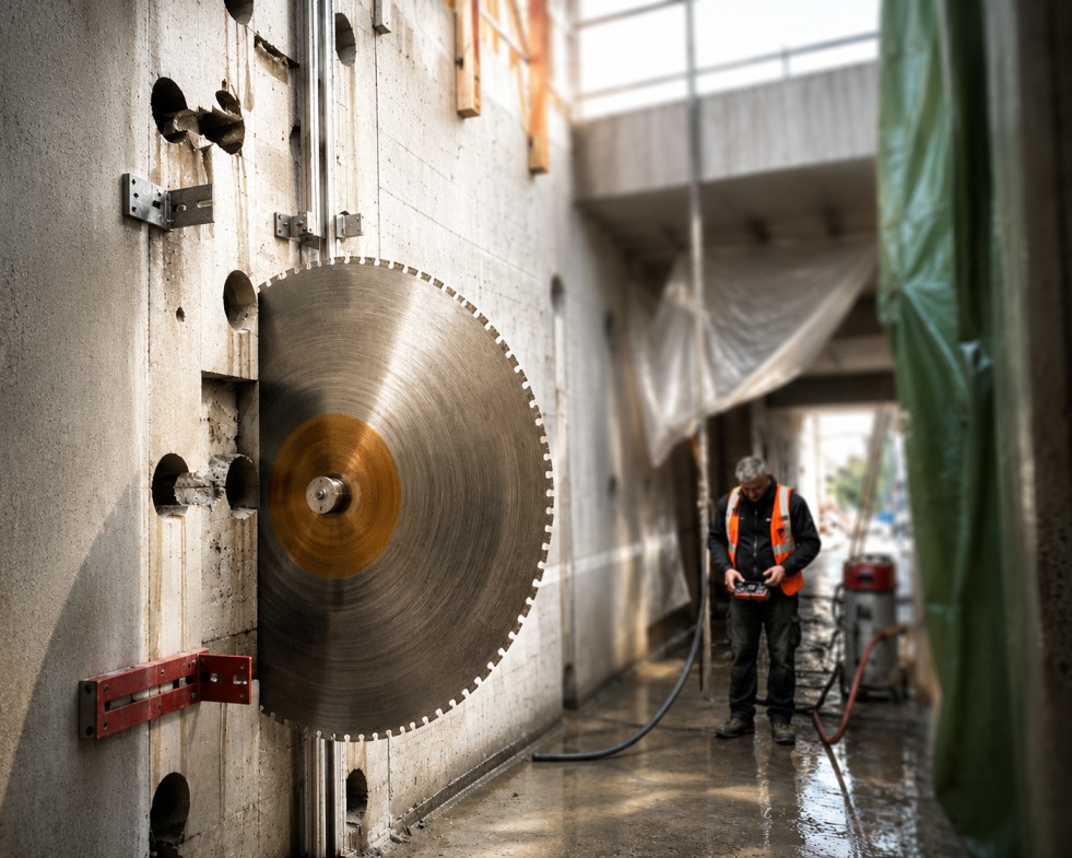 Professionelle Wandsägearbeiten mit moderner Diamant-Wandsäge für präzise Betontrennschnitte. Mitarbeiter von Peterman Bohr- & Sägetechnik führt einen kontrollierten Wandschnitt an einer Stahlbetonwand durch.