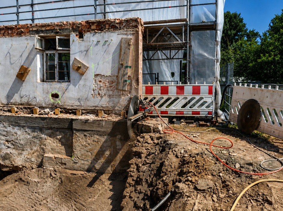 Schienengeführte Wandsäge beim präzisen Trennschnitt in ein Betonfundament auf einer Baustelle von Peterman Betonbohren & Betonsägen.