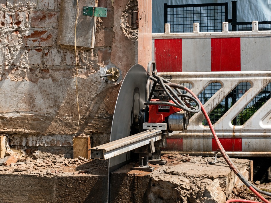 Wandsägearbeiten an einem Bestandsgebäude mit Betonsäge, Gerüst und freigelegtem Fundament während einer fachgerechten Betontrennung.